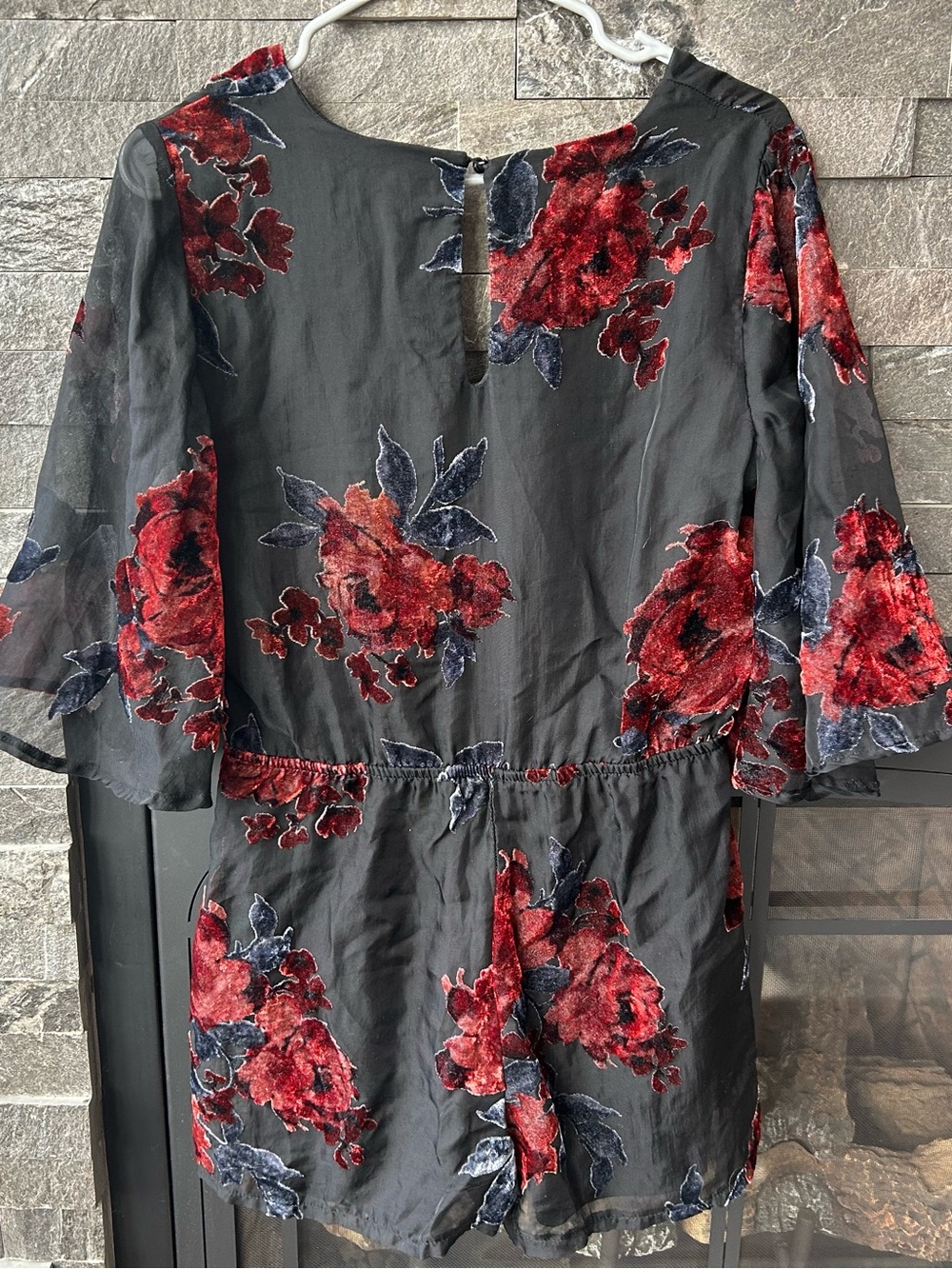 As U Wish Black Romper with Velvet Floral Burnout Pattern - Picture 2 of 5